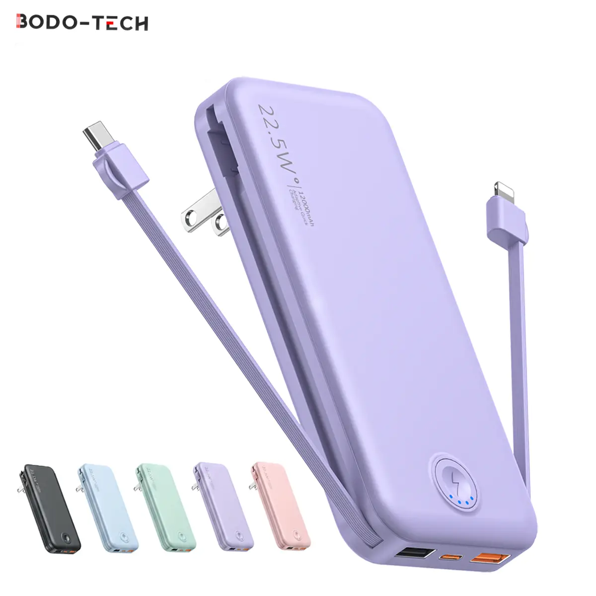 Bodo-Tech 12000mAh Portable Charger with Wall Plug, Built-in USB-C & Lightning, Fast Charging Battery Pack for Travel