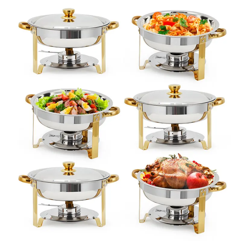Chafing Dish Buffet Set of 6, 5QT Round Stainless Steel Chafer for Catering, Upgraded Chafers and Buffet Warmer,Fuel Holder for Party Wedding Holiday stainless steel chafers Casserole Handles
