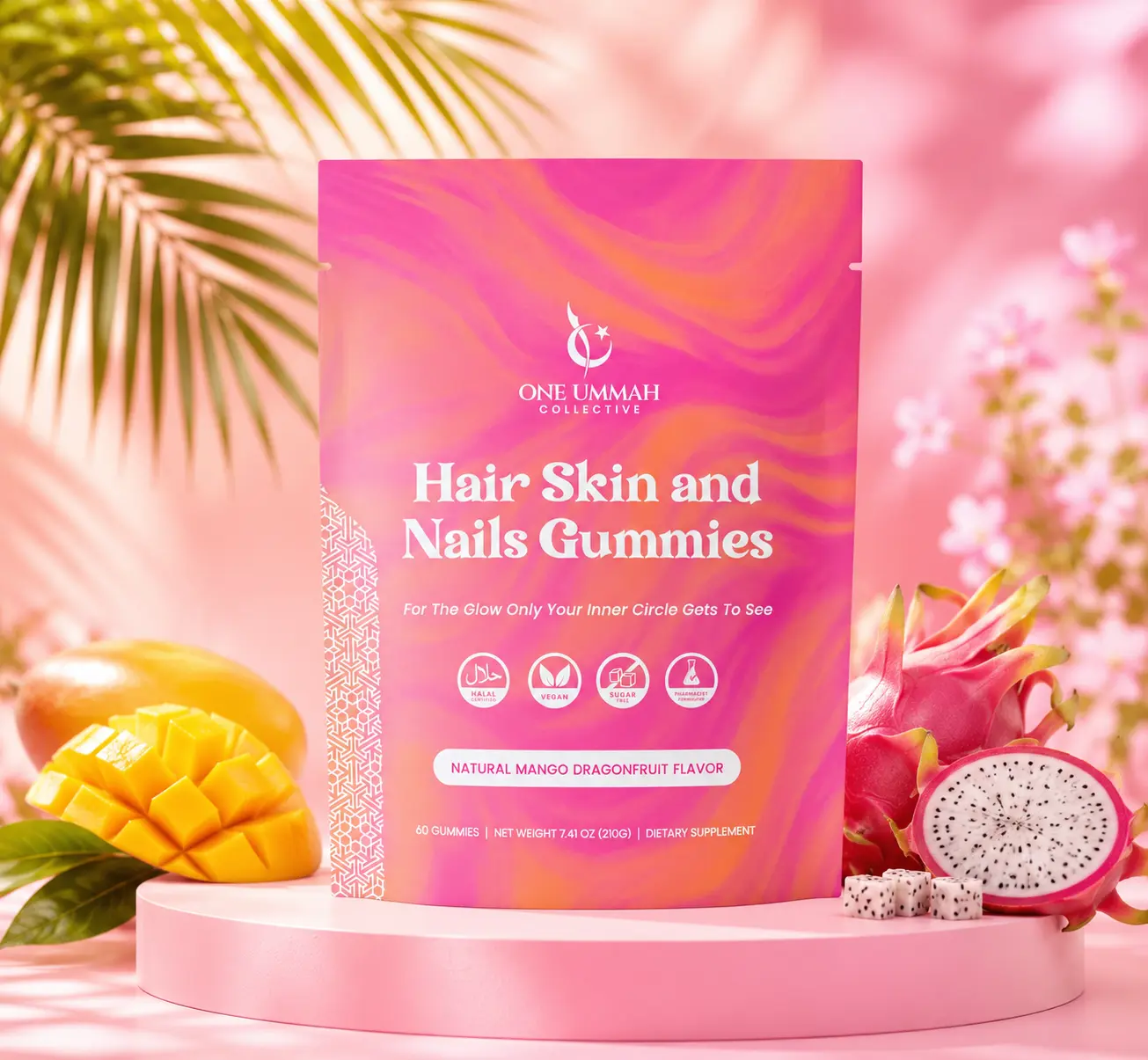 Halal Certified Hair, Skin, & Nails Gummies - Packed with Biotin, Collagen, Folate, & Essential Beauty Vitamins for Strong Hair, Glowing Skin & Healthy Nails - Easy Digestion & High Absorption - 60 ct, Supplement, Beauty Supplement