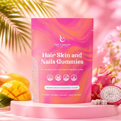 Halal Certified Hair, Skin & Nails Gummies - Chewable Adults' Beauty Supplement with Biotin, Collagen, Folate Enriched Essential Vitamins - Easy Digestion, High Absorption - 60 ct