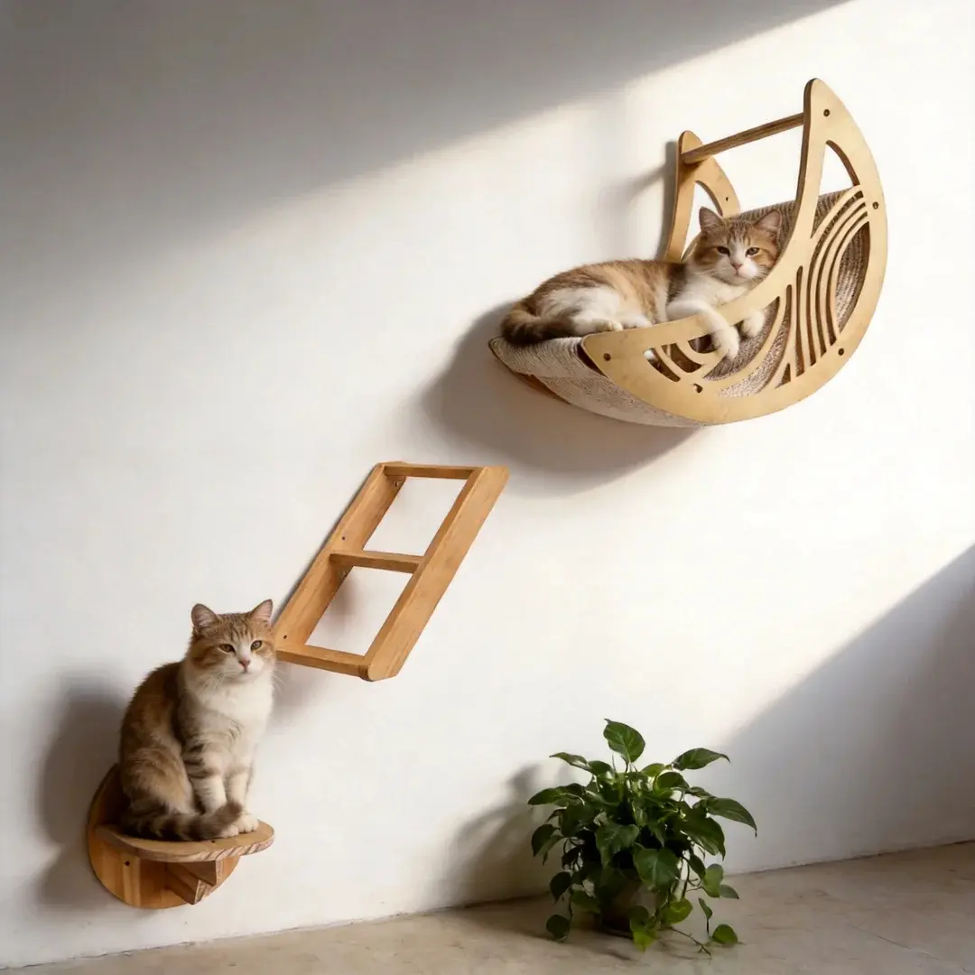 3Pcs Wall Mounted Cat Wall Furniture Set, Moon Shape Cat Hammock Bed + Cat Head Floating Step + Climbing Ladder, Solid Wood Vertical Cat Wall Perch Shelves Space Saving Cat Climbing Platform for Indoor Kittens#SummerSale