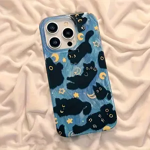 Phone Case: New Fashionable Star, Moon, and Black Cat Feather Yarn Full-Coverage Drop-Proof Phone Case with Simple Design, Shockproof Protection, a Perfect Choice for All Seasons, Stylish and Attractive, an Ideal Gift for Friends and Family