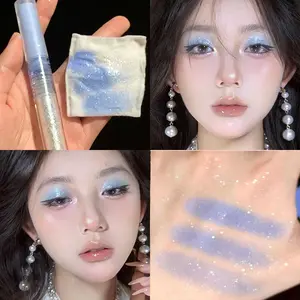 Dual-Ended Eyeshadow Stick, Muted Cyan Blue Subtle Shimmer, Blinding Diamond Sparkle Glitter, Natural Lying Silkworm Enhancer, Waterproof Longwear Eye Highlighter, Dreamy Teardrop Drip Makeup, Cold Tone Daily Eye Cosmetics, Glitter Eyeshadows
