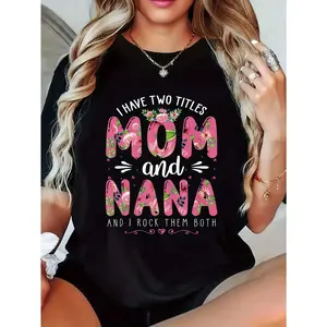 Women's Casual Short Sleeve T-Shirt - "Mom & Nana" Graphic Print with Floral Geometric Design, Black & Pink Lettering, Machine Washable Round Neck Top for Mother's Day Gifts & Casual Attire, Ladies T Shirts, Summer Outfit, t0407