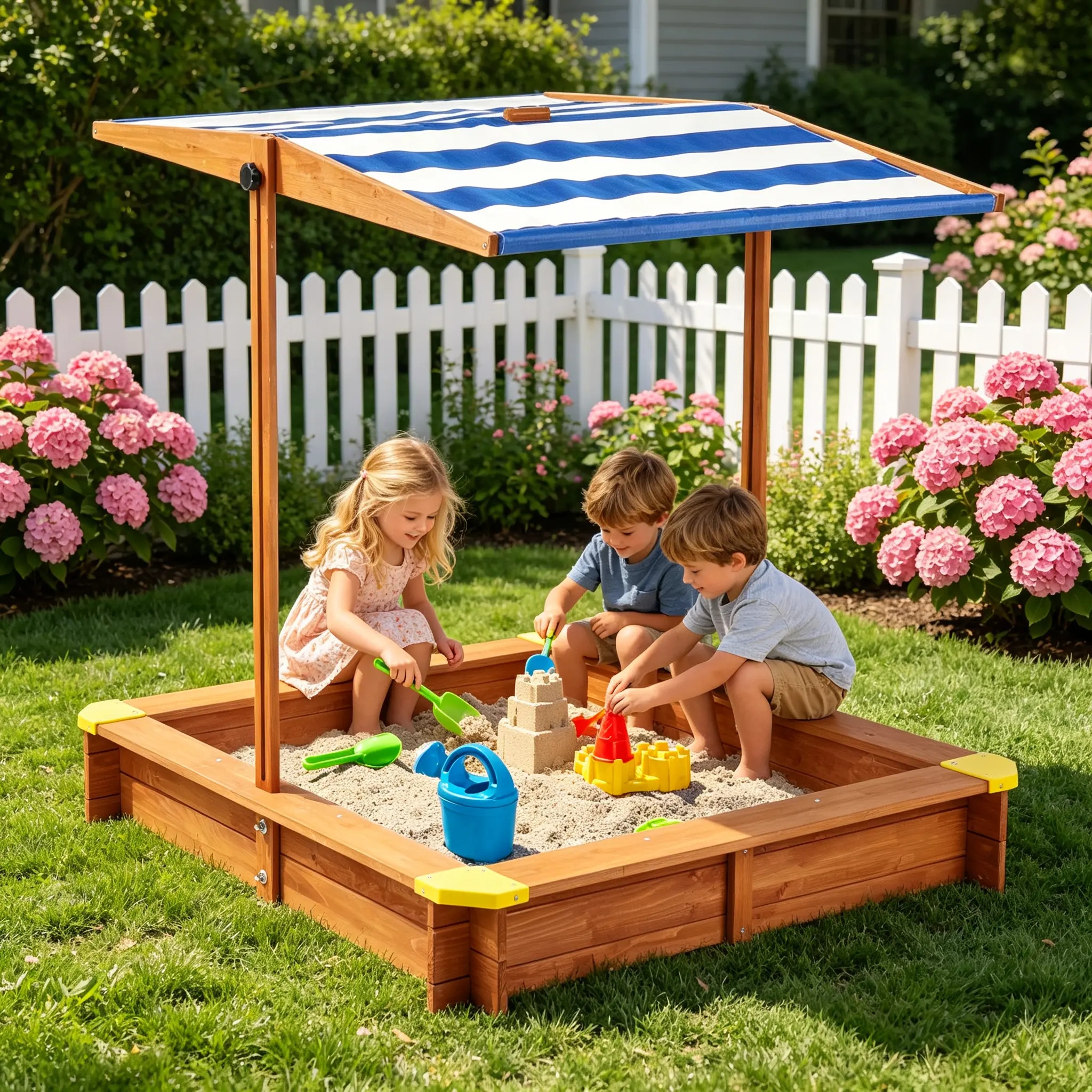 46 Inch Wooden Kids Sandbox with Protective Cover, Outdoor Cedar Sandpit Featuring Adjustable Sun Canopy, Large Backyard Play Sand Box for Children Outdoor Entertainment, No, Kids Outdoor Play