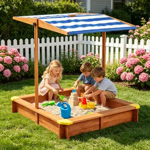 46 Inch Wooden Kids Sandbox with Protective Cover, Outdoor Cedar Sandpit Featuring Adjustable Sun Canopy, Large Backyard Play Sand Box for Children Outdoor Entertainment