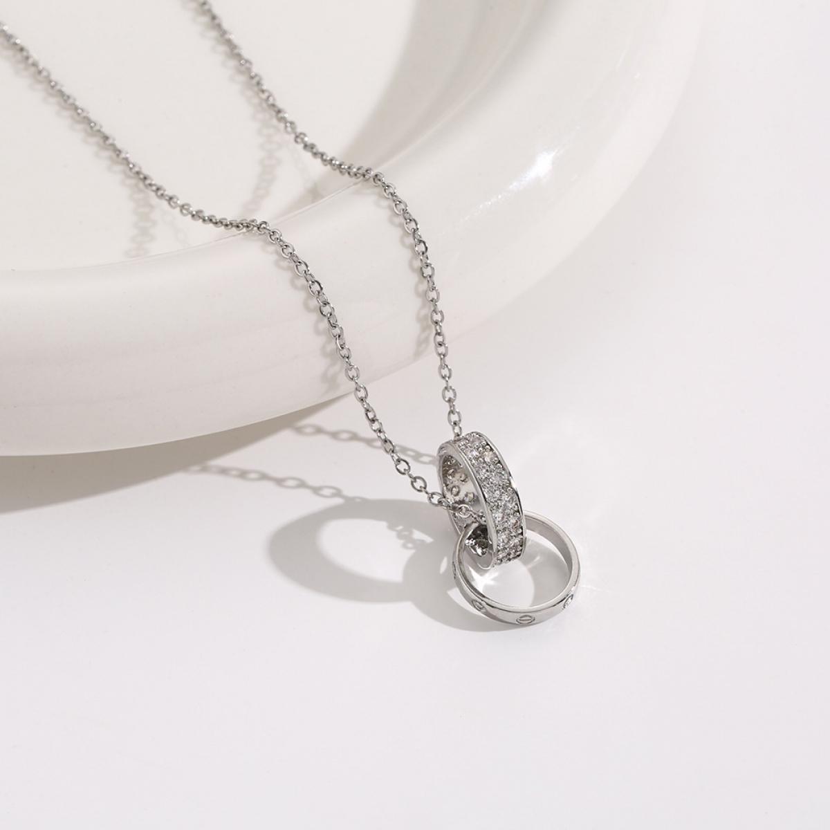 Elegant Interlocking Double Ring Pendant Necklace, Sparkling Pavé Design Dainty Chain, Timeless Everyday Wear Accessory for Women, Perfect for Office, Date Night, Layering, Ideal Birthday Anniversary Gift for Her