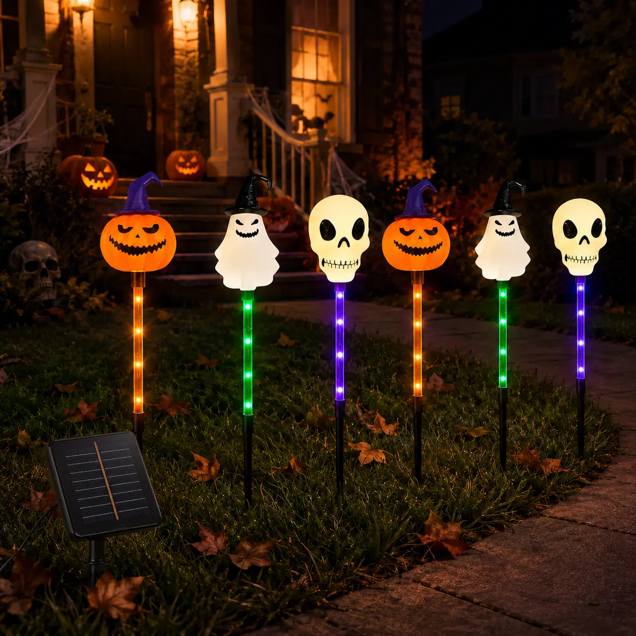 Halloween Solar Pathway Lights 6-Pack Set, Outdoor Plastic Body Garden Stake Lights with Skull Pumpkins & Ghost Designs, 8 Lighting Modes, IP44 Waterproof Spooky Fun Festive Decor for Lawn, Walkway