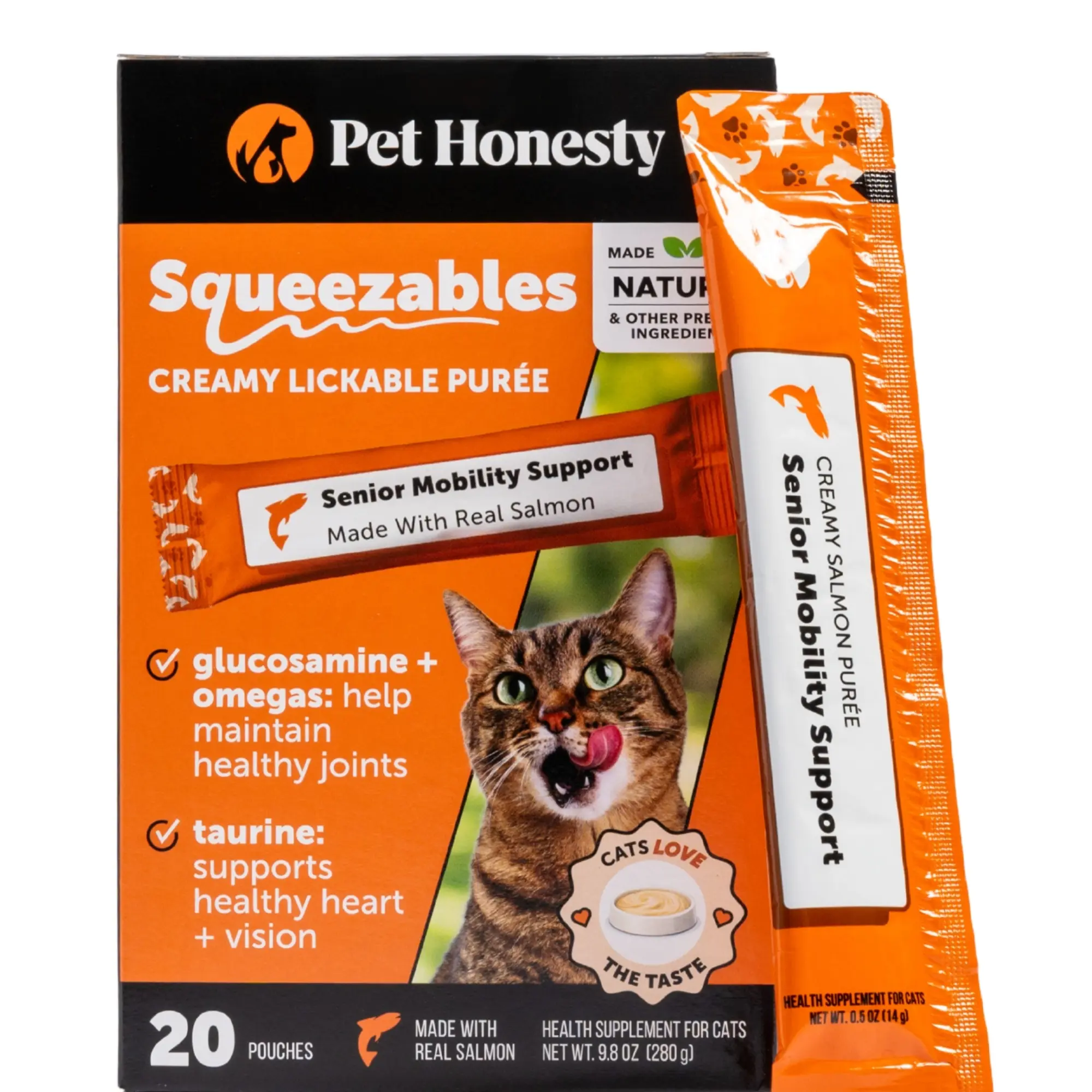 Pet Honesty Squeezables Senior Cat Hip & Joint Support Lickable Fish Oil Supplement, 20 Pouches