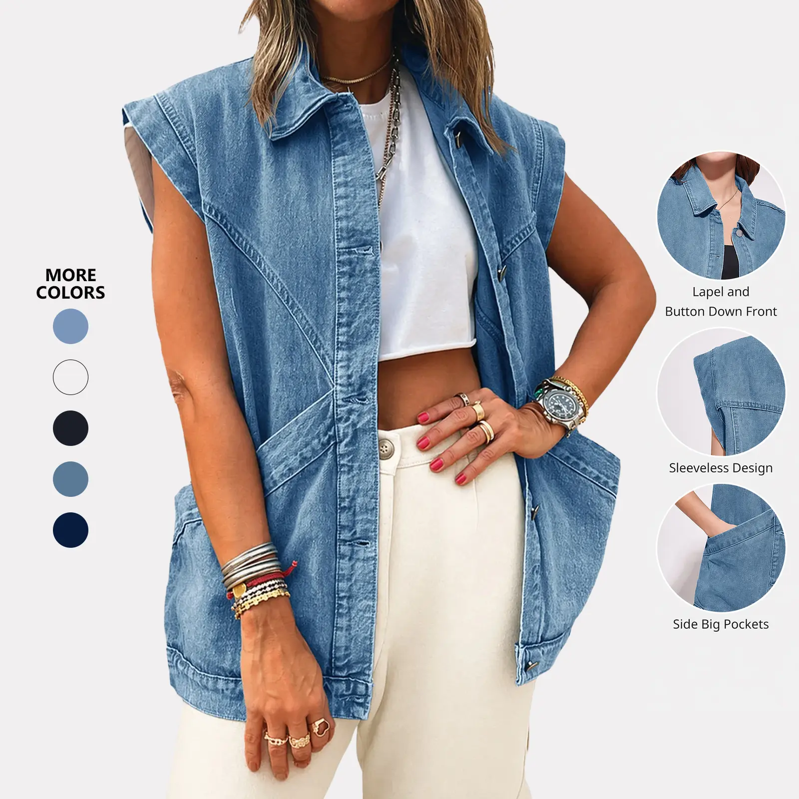 Flowyair Women's Oversized Sleeveless Denim Vest - Classic Button-Down Utility Lapel Jean Jacket for Women's Clothes, Knitted & Utility Vests, Knitted Women's Vests