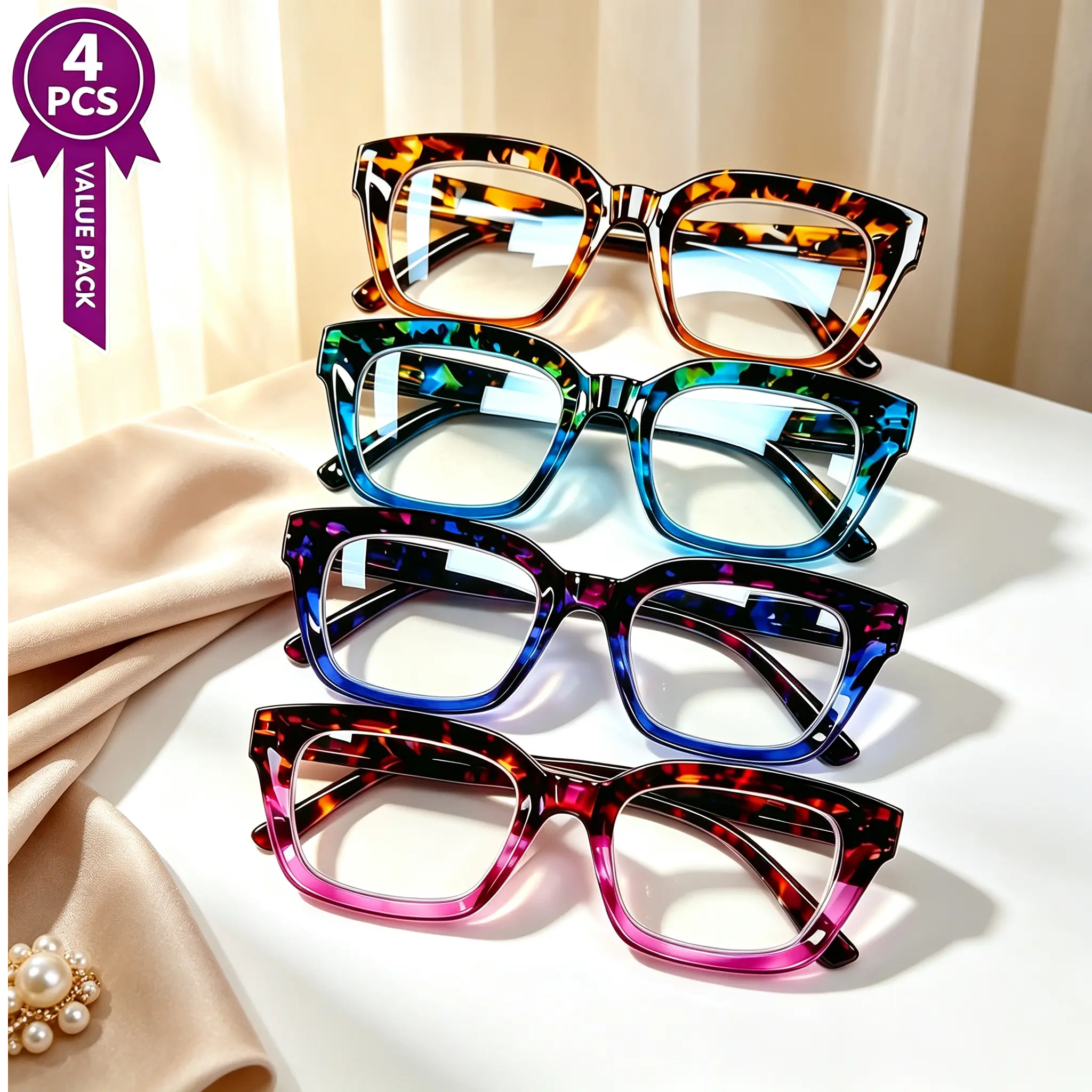 4-piece multi-focal reading glasses, suitable for both men and women. Light plastic frame. Lens has a magnification range of 0 to 4.0 times. With spring hinges. Perfect for giving as gifts during Christmas, Valentine's Day and birthdays.