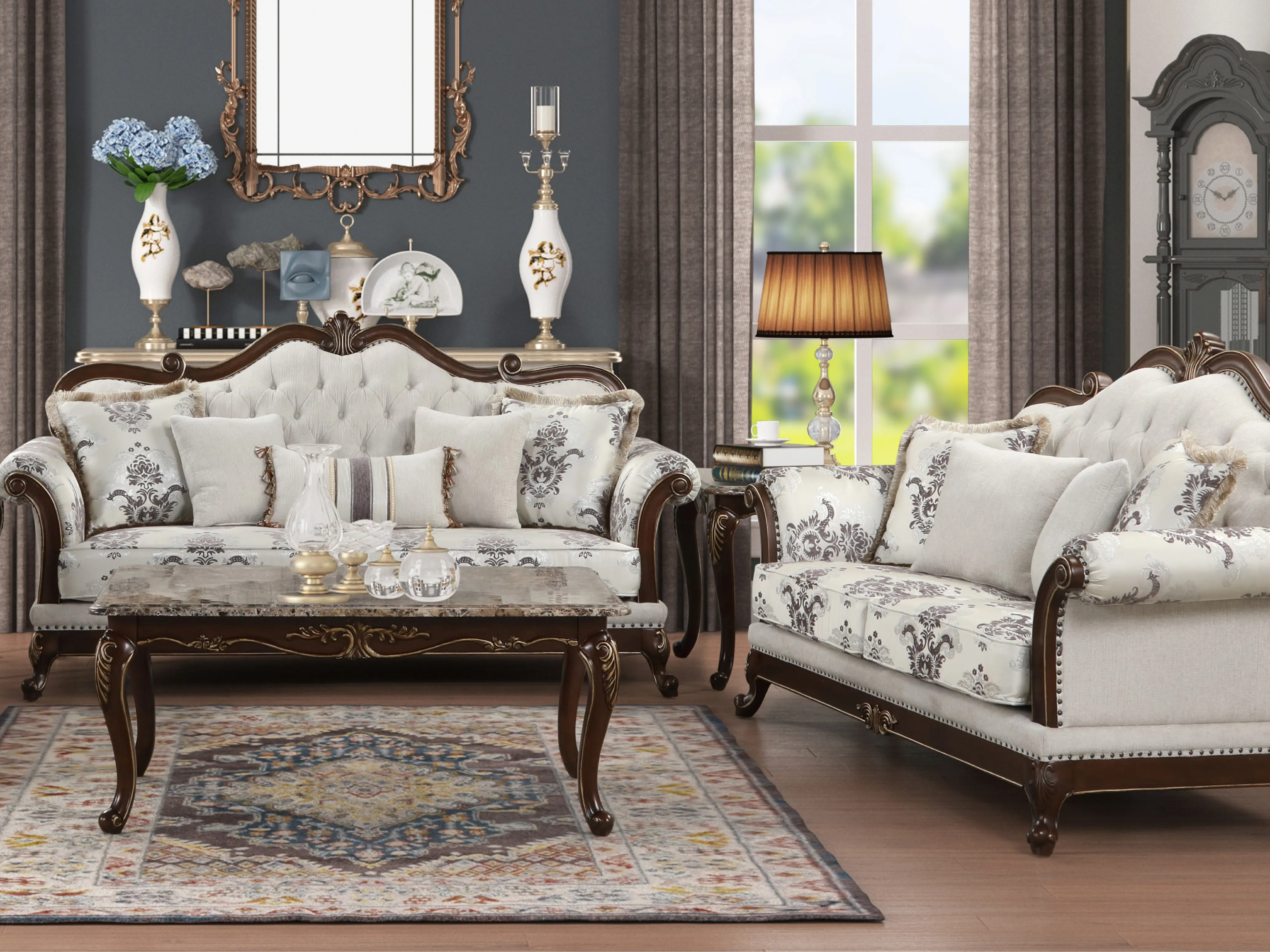 Luxury Traditional Living Room Sofa Set 2 Piece, Button Tufted Upholstered Couch Set with Solid Wood Frame & Rolled Arms, Elegant Vintage Victorian Furniture Set for Living Room, Ivory White