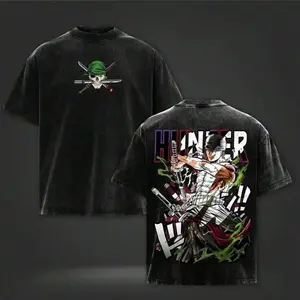 Zoro Hunter One Piece Anime Vintage Washed Oversized Heavyweight Cotton T-Shirt,Three Sword Style Samurai Graphic Tee,Y2K Streetwear Casual Urban Tops