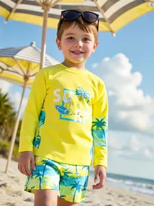Fashion Coconut Tree Print Boys' Summer Long Sleeve Swimwear Set, Toddler Swimsuit, Short Pants, Sporty Slim Fit, Perfect for Beach Vacation, Kids' Gift, Swimwear Outfits