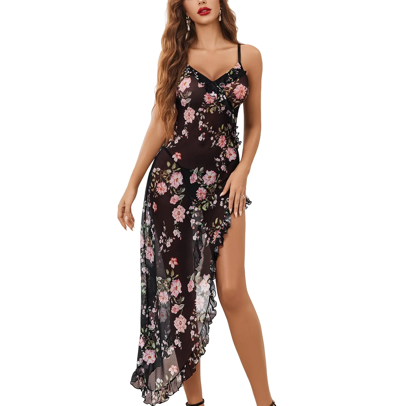 Avidlove Lingerie for Women Mesh Babydoll Chemise Sexy V Neck Nightdress Ruffle Hem Nightwear Side Split Nightgown
