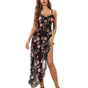 Avidlove Lingerie for Women Mesh Babydoll Chemise Sexy V Neck Nightdress Ruffle Hem Nightwear Side Split Nightgown