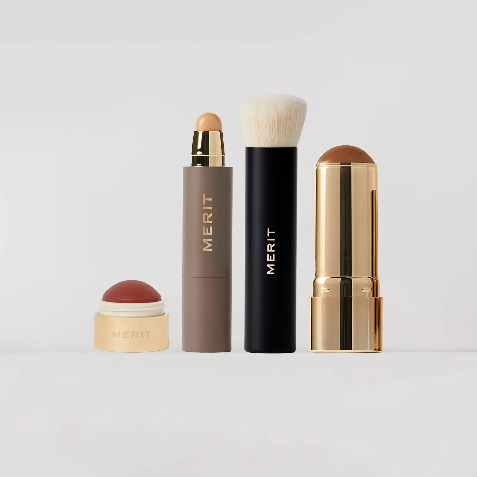 MERIT The Intro Set - Complexion Stick, Sculpting Cream Bronzer, Cream Blush & Brush MERIT The Intro Set - Complexion Stick, Sculpting Cream Bronzer, Cream Blush & Brush