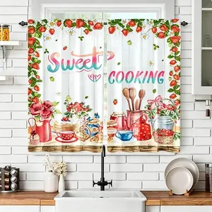 2PCS -Farmhouse Kitchen Curtains Strawberry Jam Teapot Flower Basket Rustic Wood Background Rod Pocket Window Drapes For Dining Room Pantry