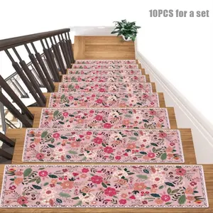 Floral Pattern Stair Mat, 10pcs/set Non-slip Stair Carpet, Washable Stair Step Rug, Decorative Carpet for Home Living Room Bedroom, Washable Runner Rugs