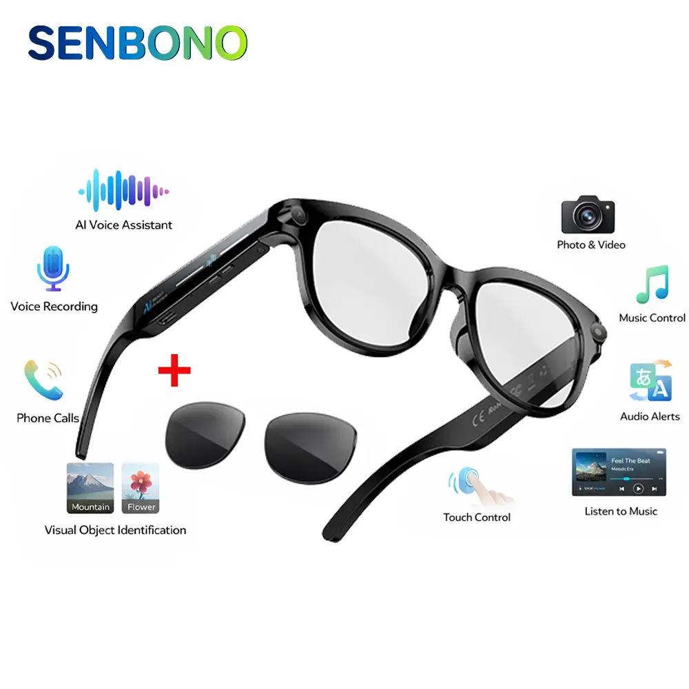 SENBONO Classic AI Wearable Wireless Chargeable Recording Smart Glasses - Multifunctional, with Digital Camera, HD Video, 290mAh Long Battery, Bluetooth Calling, Type-C Charging, Dual-Microphone Noise Cancellation, High-Fidelity Audio for Outdoor Use