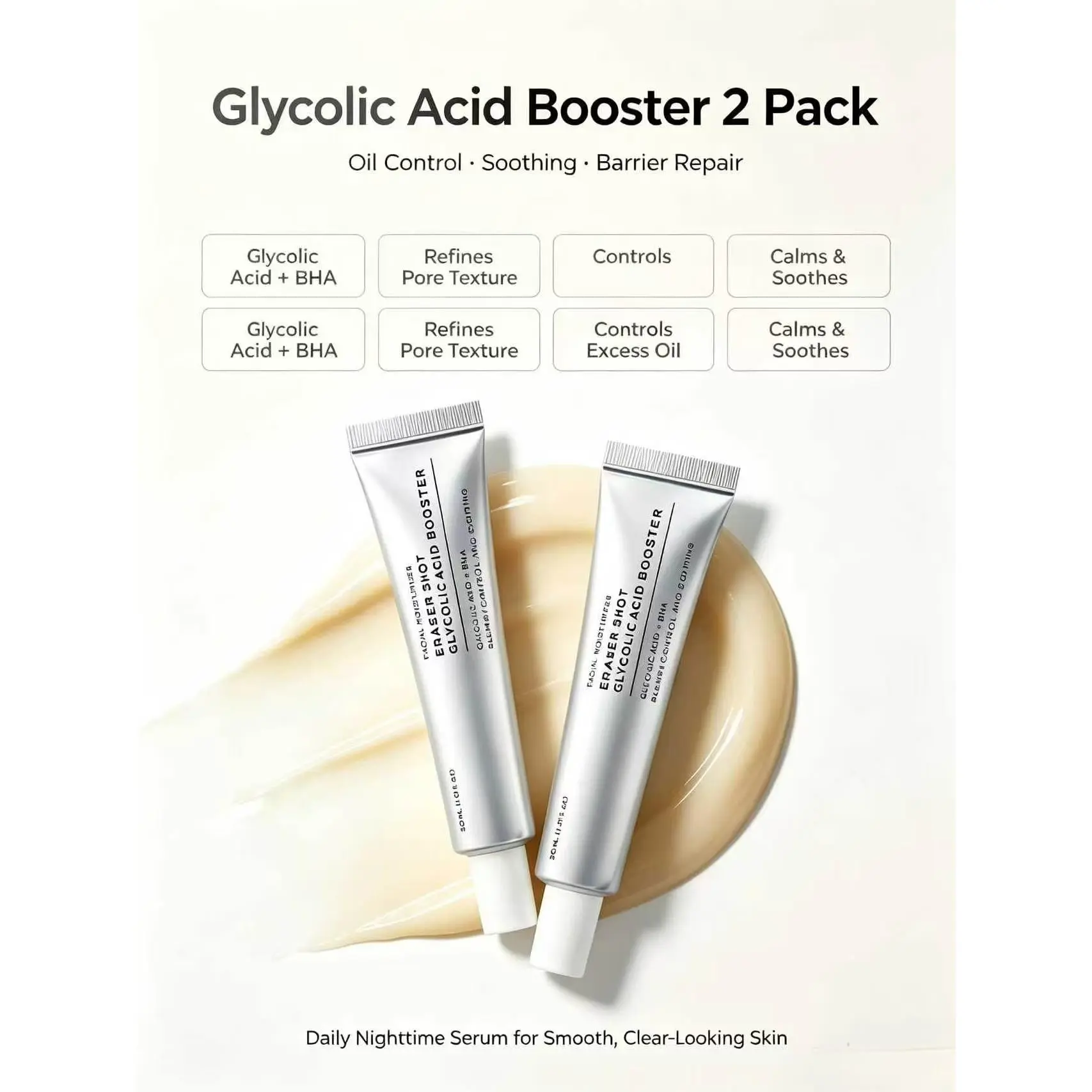 2PC Glycolic Acid Booster Serum with AHA BHA, Exfoliating Face Serum for Acne-Prone Skin, Pore Care & Texture Refining, Lightweight Daily Skincare, 30 mL / 1.01 fl. oz.