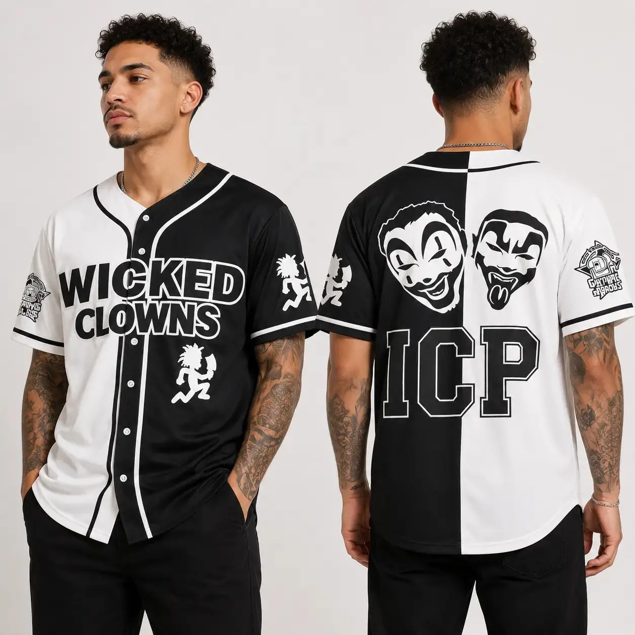 Y2K Goth ICP Insane Clown Posse Baseball Jersey Black White Split Wicked Clowns Hatchetman Graphic Button-Up Shirt Streetwear Hip Hop Casual Athletic Tee Gift