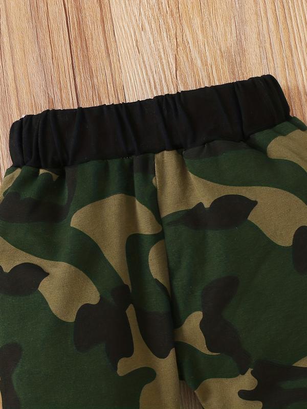 Baby Boys' Letter Print Romper Set, Camouflage Pants & Hat, Cute for Newborns, Comfortable Clothing for Daily Wear, Newborn Gift Set