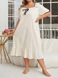 Plus Size Sleepwear, Trim Bow Bubble Sleeves Ruffle Hem, Textured Pattern Comfortable Casual Wear-Outside Nightdress Loungewear