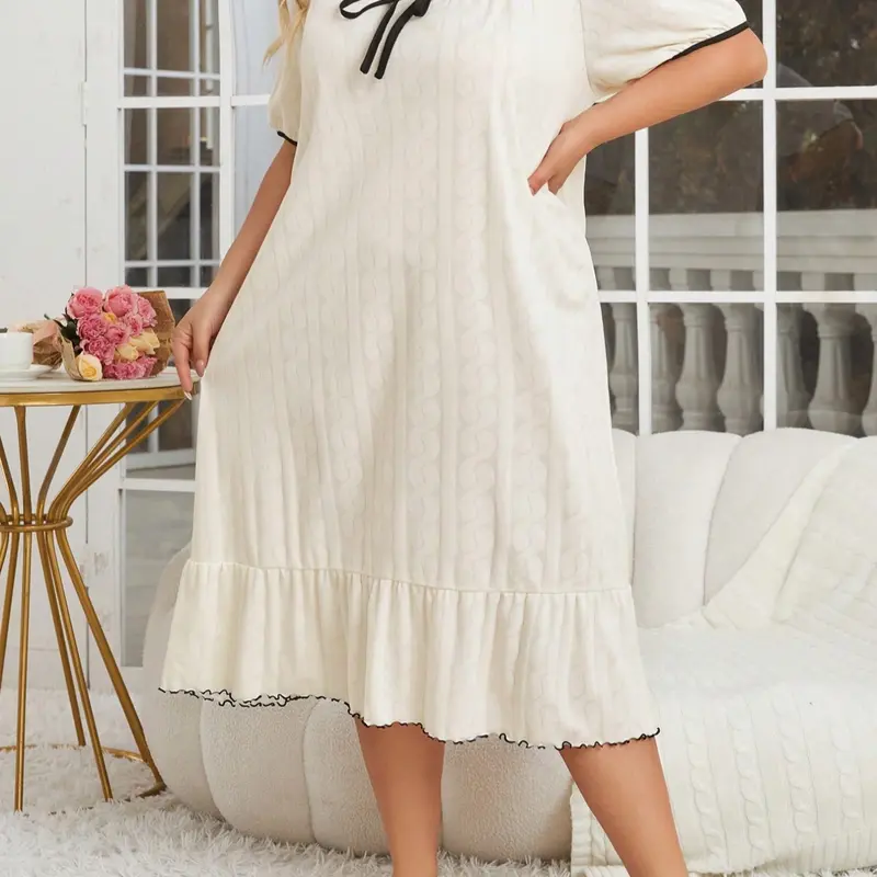Plus Size Oversized Baggy Sleepwear, Trim Bow Bubble Sleeves Ruffled Hem, Textured Pattern Comfortable Casual Aesthetic Wear-Outside Loose Nightdress Loungewear Womenswear Piece Casual Comfy Nightdress