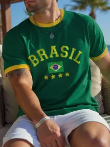 Men's Brazil Soccer Graphic Print Short Sleeve T-Shirt, Casual Fitted Design for All Seasons, Stylish Sportswear Athletic Activewear for Daily Use