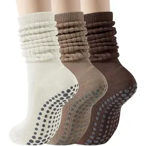 Pilates Socks with Grips for Women, Non Slip Yoga Slouch Socks, 3 Pairs Long Scrunch Socks, Cushioned Crew Sockspilates socks
