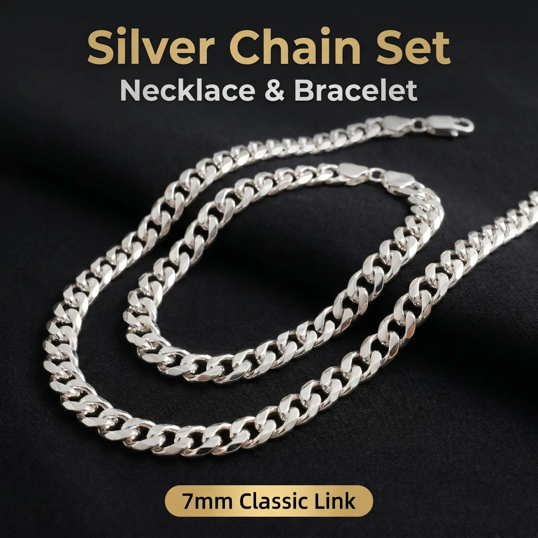 Unisex Cuban Link Jewelry Set, 925 Silver Plated, 7mm Width, 20cm Bracelet & 50/60cm Necklace, Hypoallergenic, Tarnish-Resistant & Fade-Resistant, Layerable for Daily Wear, Hip-Hop Versatile Style, Perfect Gift for Your Loved One.