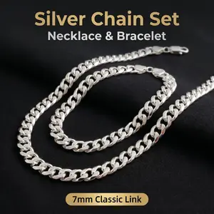 Unisex Cuban Link Jewelry Set, 925 Silver Plated, 7mm Width, 20cm Bracelet & 50/60cm Necklace, Hypoallergenic, Tarnish-Resistant & Fade-Resistant, Layerable for Daily Wear, Hip-Hop Versatile Style, Perfect Gift for Your Loved One.