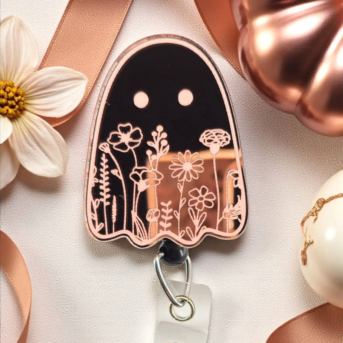 Minimalistic Floral Ghost Badge Reel with Swivel Clip - Engraved Acrylic Topper - Retractable Badge Holder - Halloween Badge for Healthcare Workers