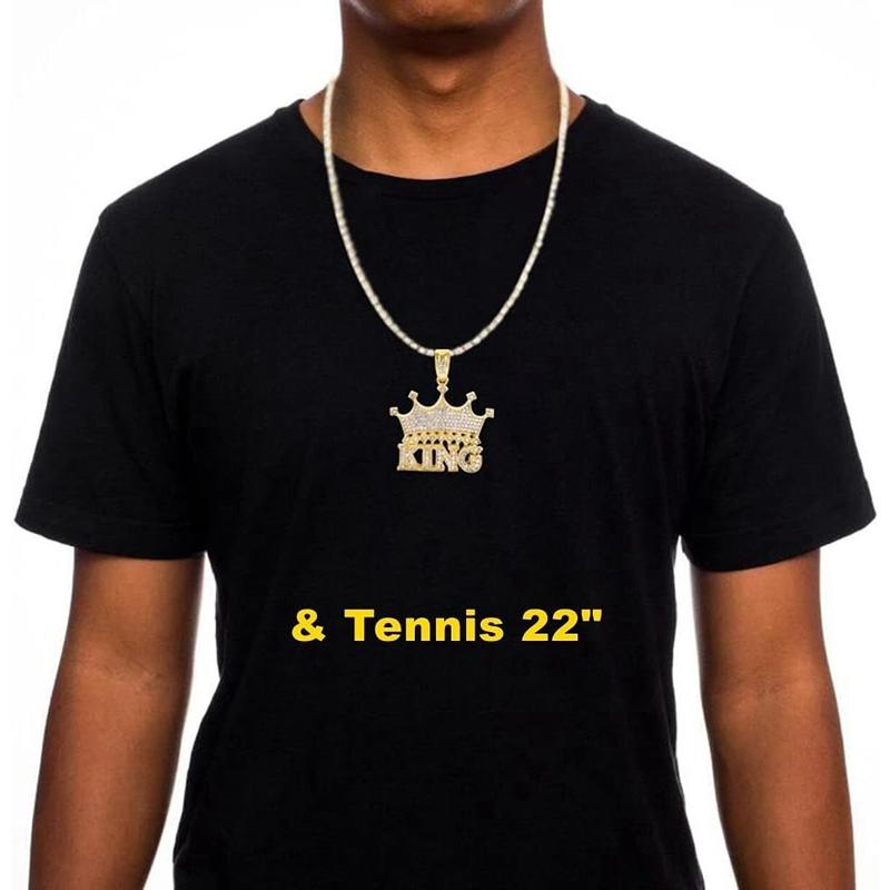14k Gold Silver Plated Hip Ho Rapper Pendant Chain Necklace for Men-Iced Out Diamond King Pendant with 22 Inch Rope Tennis Chains