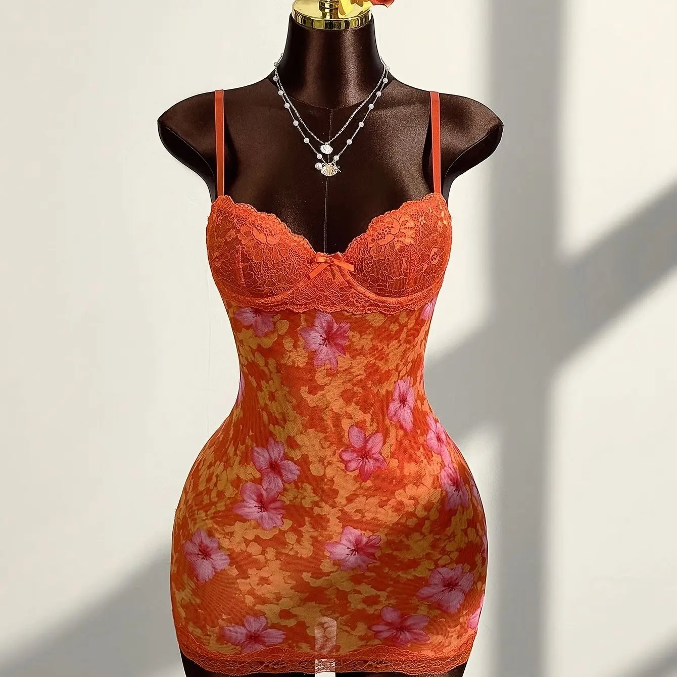 Sexy women’s slightly sheer floral print mesh panel lace bodycon mini skirt