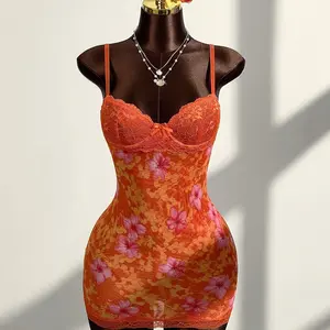 Sexy women’s slightly sheer floral print mesh panel lace bodycon mini skirt