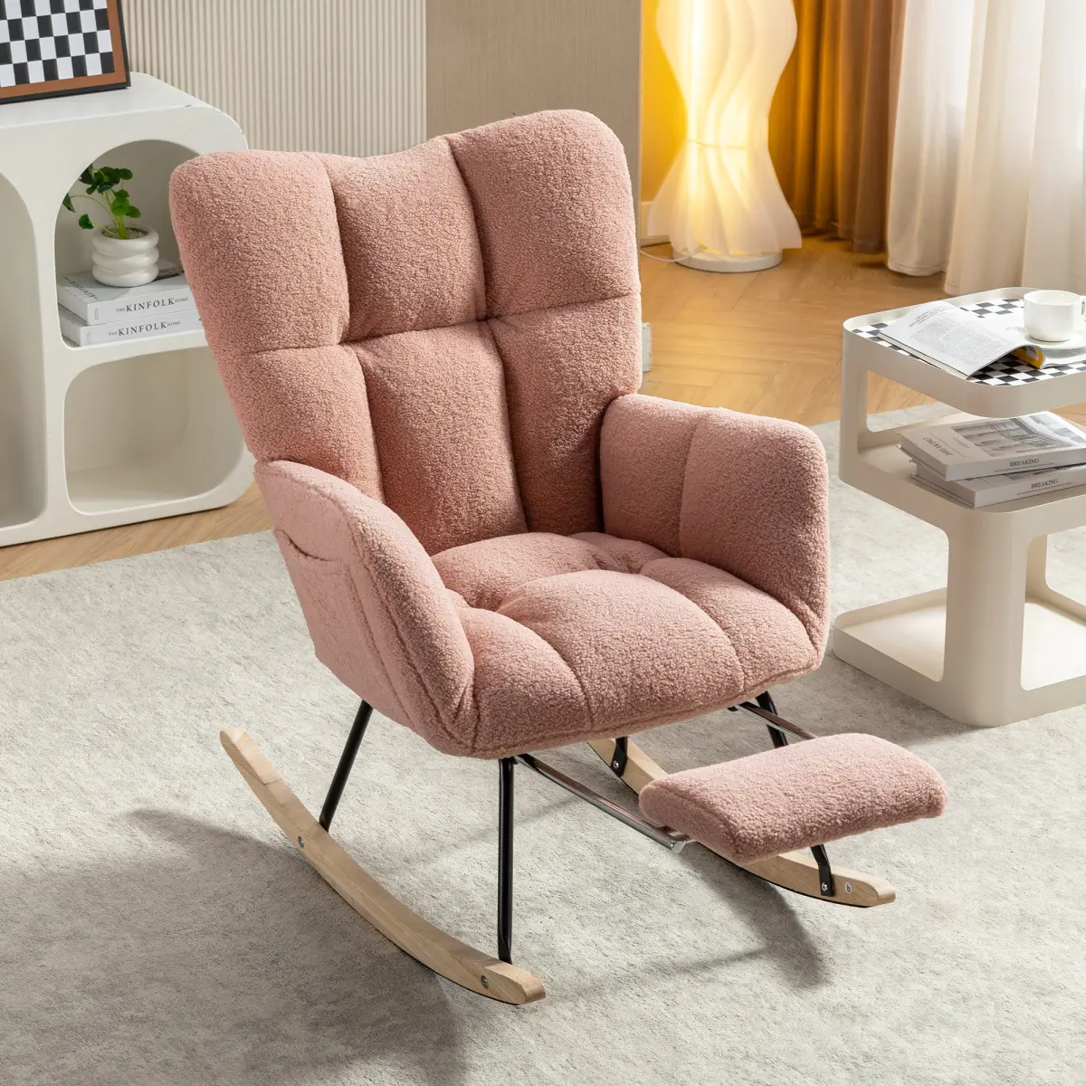 067-Teddy Fabric Furry Accent Leisure Rocking Chair with Adjustable Footstool, High Backrest, Right-Side Storage Pocket, Solid Wood & Metal Base Rocker, Pink Nursery Rocking Chair, Furry Accent Chair
