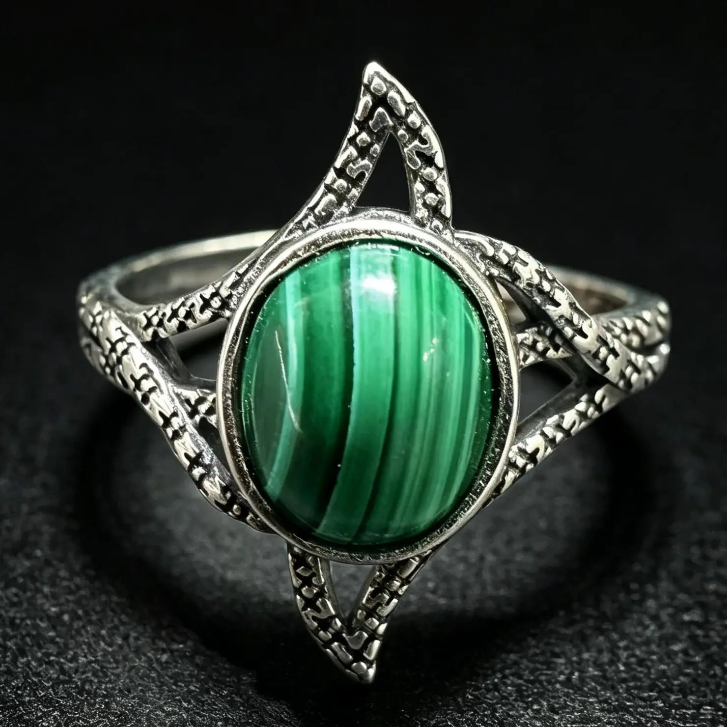 Celtic Knot Natural Malachite 925 Sterling Silver Adjustable Ring