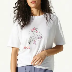 women's T-shirt Duck With Bow And Boots Solid color printed short sleeved women's top White, black, khaki Fashion daily women's clothing