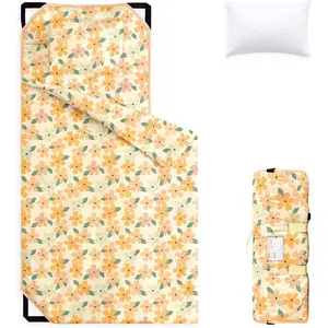 - Cot Nap Mat with Pillow and Blanket, for Toddler Kids Girls in Daycare Kindergarten Preschool Pre K with Elastic Corner Straps, Colorful Floral Flowers Leaves