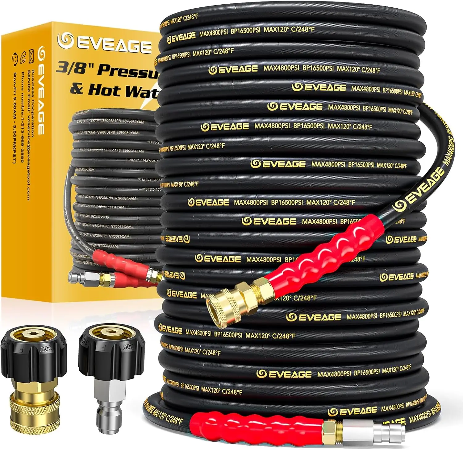 EVEAGE 3/8" Pressure Washer Hose 100ft,50ft,25ft, 4800PSI Industry Grade Steel Wire Braided & Synthetic Rubber Jacket, Kink Resistant Hot & Cold Water