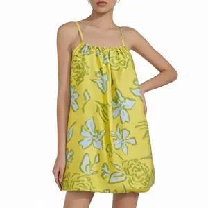 YellowSummer Mini Cami Yellow Dresses For Young Women 2026 Spaghetti Strap Floral Loose Fit Bubble Hem Casual Trendy Daily Vacation Outfit