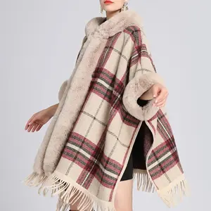 Elegant Plaid Design Poncho Cape for Women with Tassels and Faux Fur Trim Lightweight Fur Linen Cozy Look