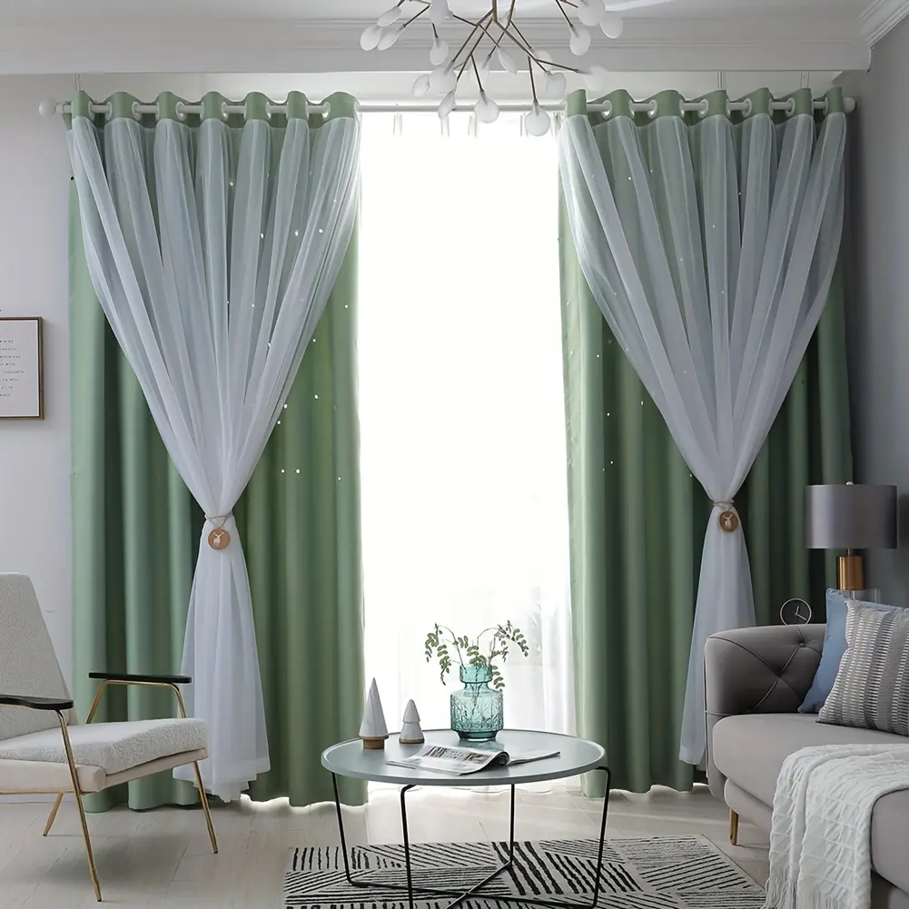 NEW 2Pcs 40in*84in High Shading Hollow Star Double-layer Curtains