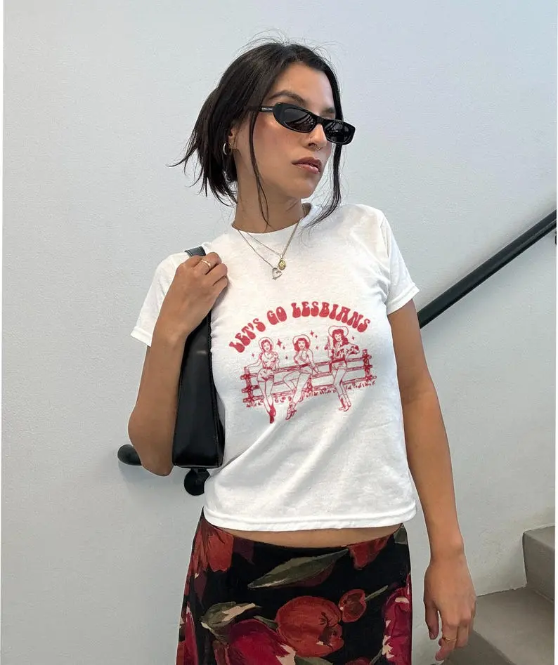 [Sale Up To 50%]Let’s Go Lesbians Baby Tee, Retro Y2K Cowgirl Aesthetic Shirt, Vintage Western Southern Lesbian Pride Crop Top Tee