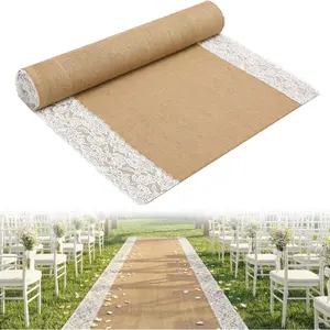 15 Ft x 36 in  Burlap Wedding Aisle Runner, Rustic Jute Weddings Runway Carpet with Lace, Ceremony Burlap Carpet Roll for Beach Garden Church Reception Craft Decor