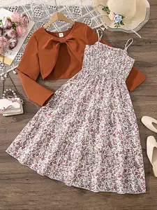 Girls' Long Sleeve Jacket & Floral Pattern Dress Set, Elegant Woven Fabric, Fitted Style, Perfect for Fall & Winter