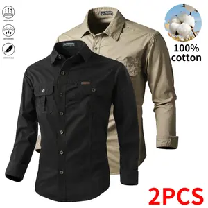 Men’s two-piece set: 100% cotton casual solid-color long-sleeve shirt with multiple pockets and a loose fit, suitable for everyday wear—casual shirt.