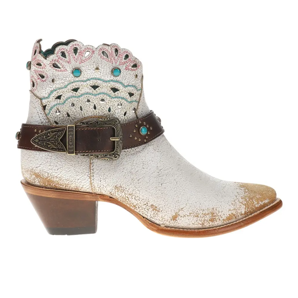 Corral Boots Womens Studded Harness Pointed Toe Pull On  Casual Boots Ankle Mid Heel 2-3" - White